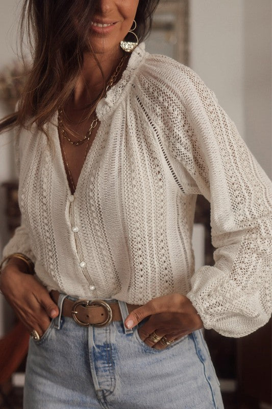 Vintage Dry Forest Crochet Lace button v-neck knit sweater blouse