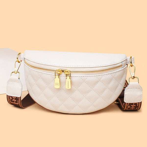 Simple Easy Cream Quilted Leather Crescent Sling Bag