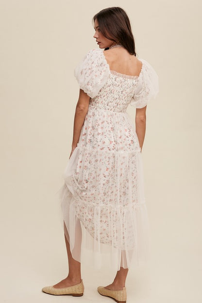 Light Weight Floral Print and Mesh Puff Sleeve Maxi Dress