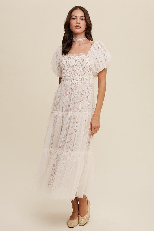 Light Weight Floral Print and Mesh Puff Sleeve Maxi Dress