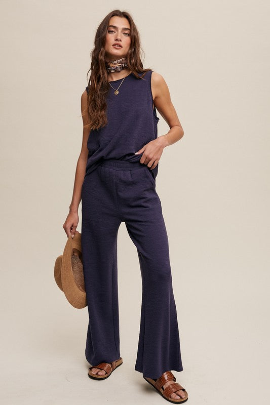 Navy and Oatmeal Color Soft Knit Tank and Sweat Pant Set