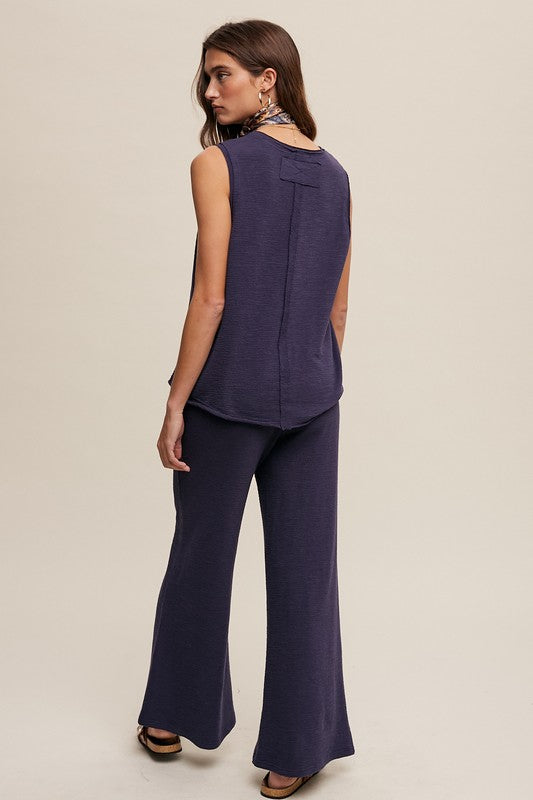 Navy and Oatmeal Color Soft Knit Tank and Sweat Pant Set