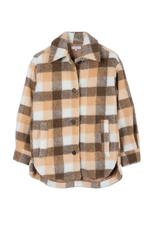 Plaid sherpa jacket with pockets