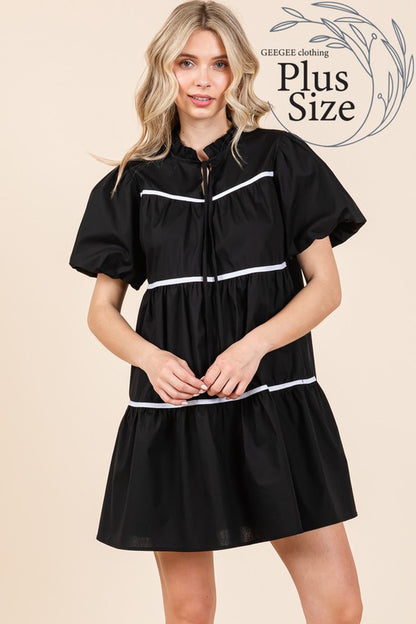 Plus Piping Detailed Babydoll Mini Dress