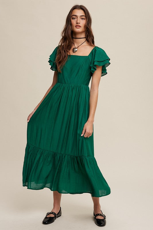 Lovely Square Neck Ruffled Short Sleeve Maxi Dress