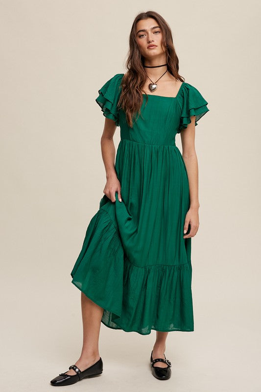 Lovely Square Neck Ruffled Short Sleeve Maxi Dress