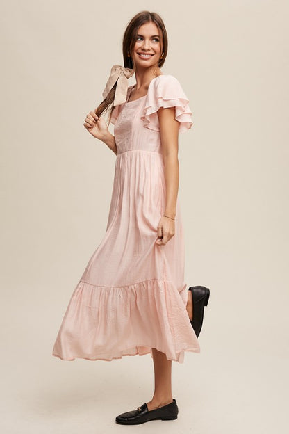 Lovely Square Neck Ruffled Short Sleeve Maxi Dress