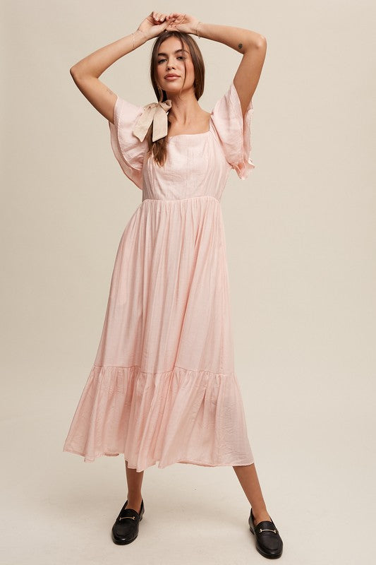 Lovely Square Neck Ruffled Short Sleeve Maxi Dress