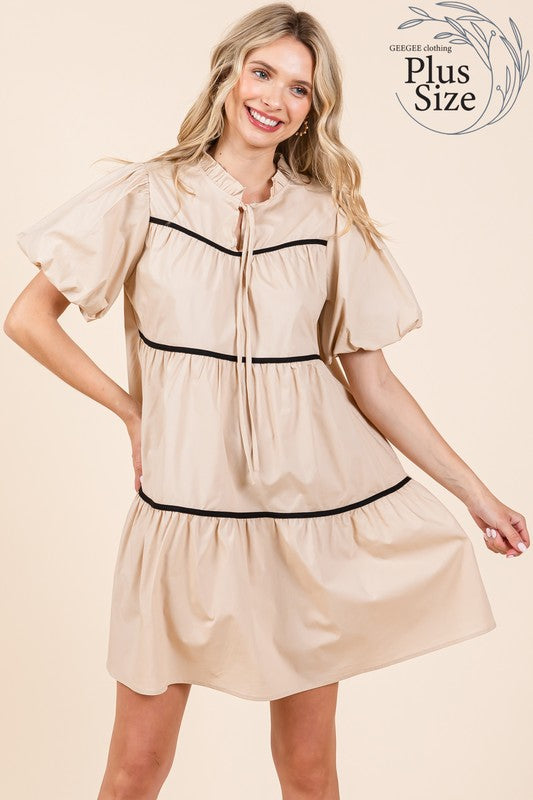 Plus Piping Detailed Babydoll Mini Dress