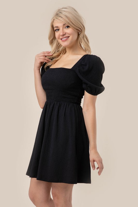 Black Mini Puff sleeved smocked dress