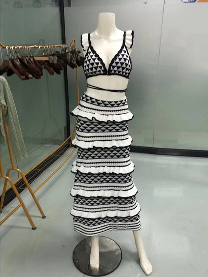 Black and White Striped Knitted Beach Skirt Sets Women's Backless Slim Bohemian Outfits