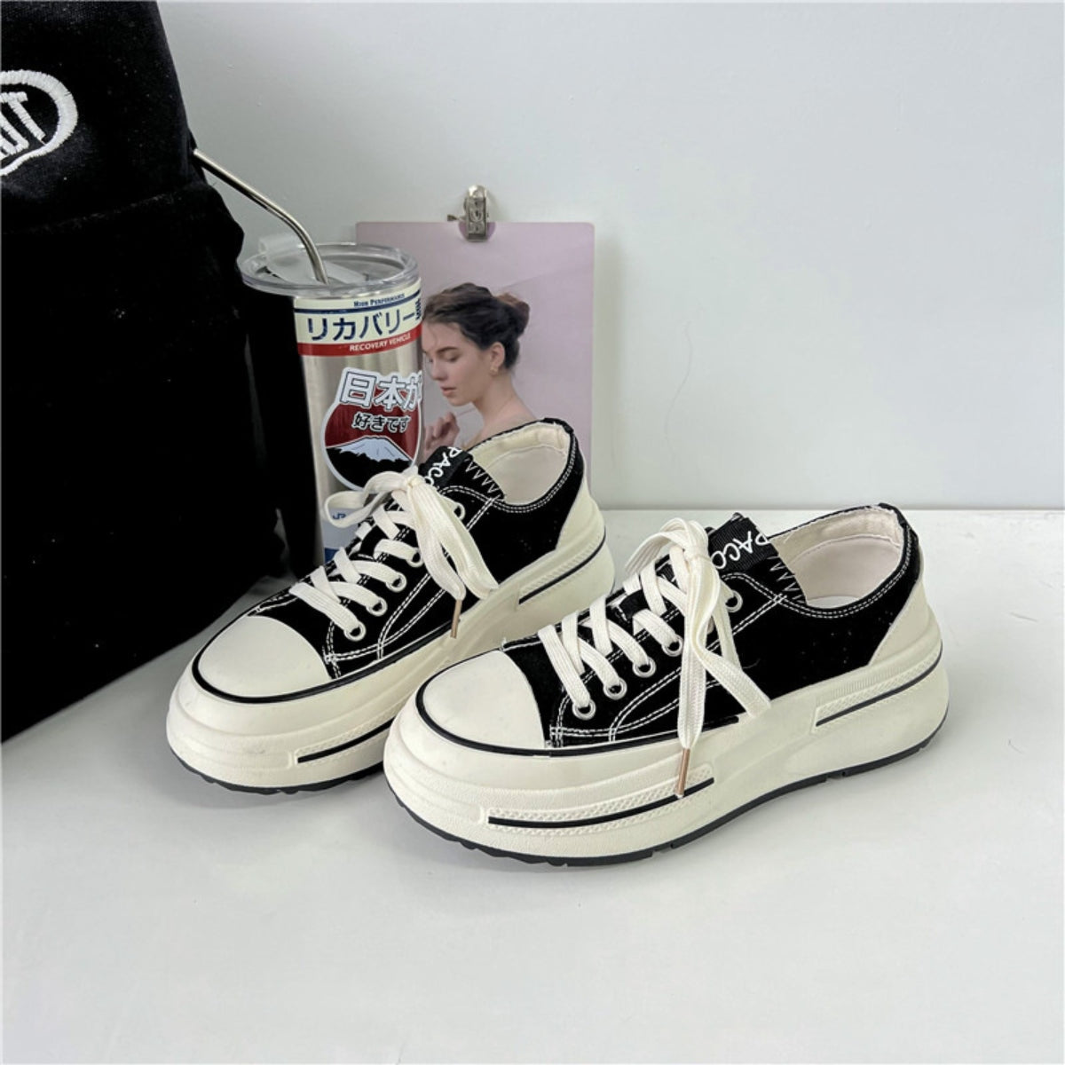 Tall Lace-Up Round Toe Platform Black & White Sneakers