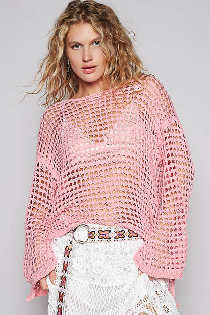 POL Side Slit Openwork Long Sleeve Knit Cover Up