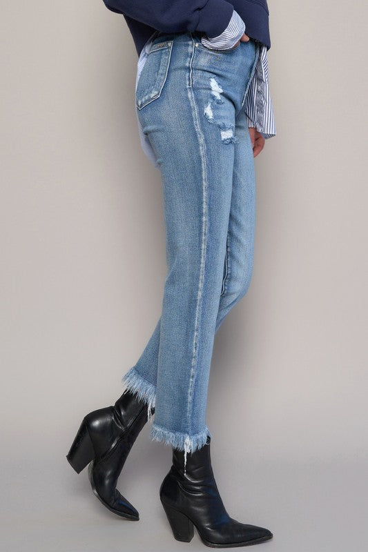 High Rise Fray Crop Straight Jeans