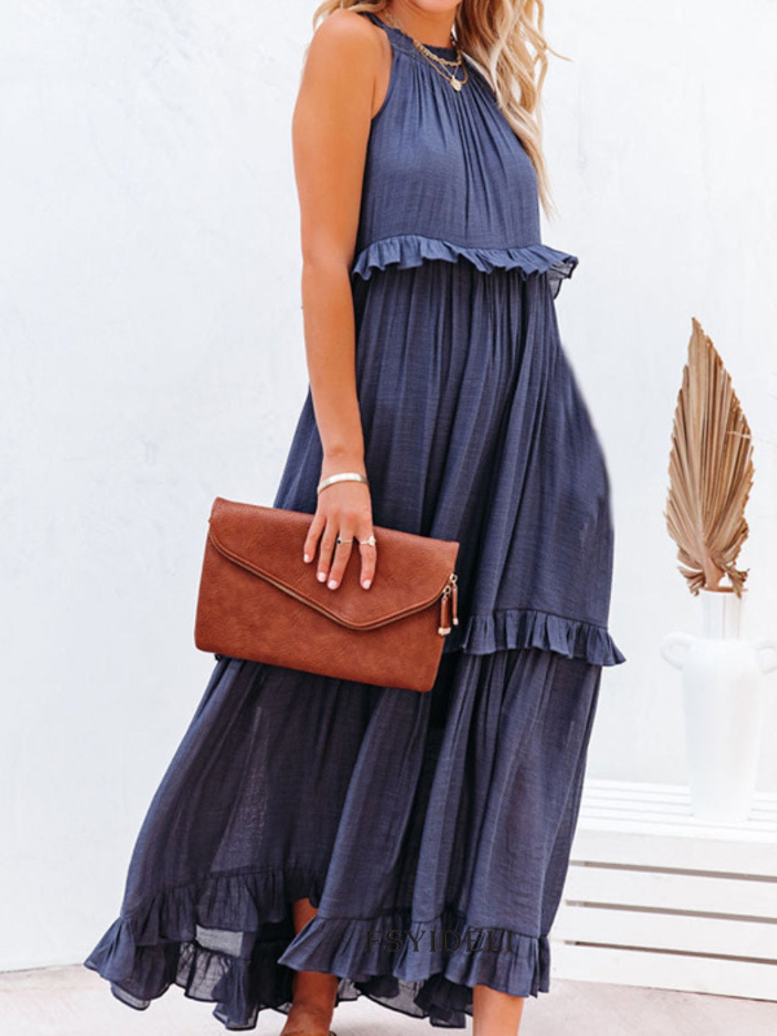 Natural Ruffled Sleeveless Maxi Dress with Pockets