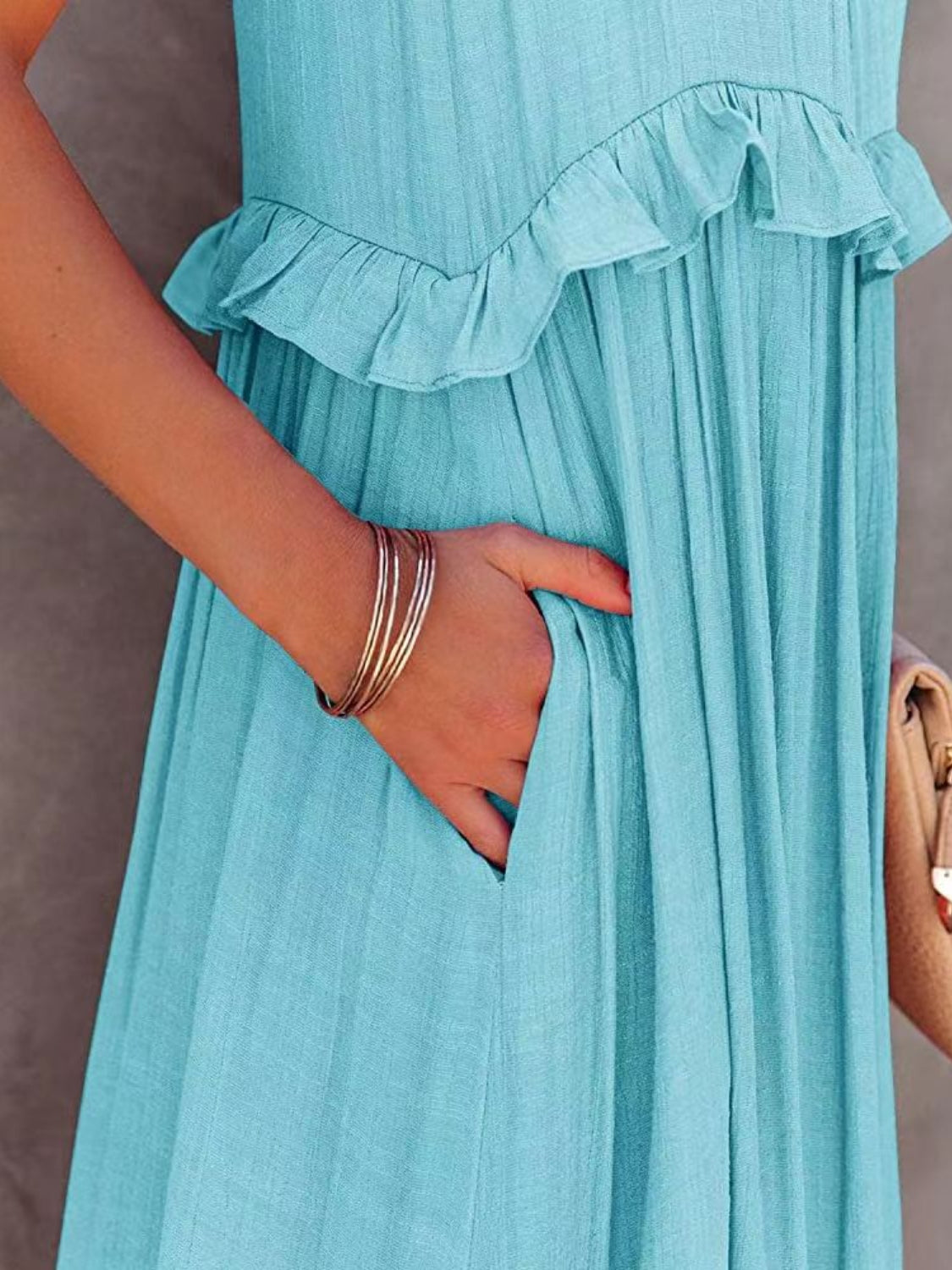 Natural Ruffled Sleeveless Maxi Dress with Pockets