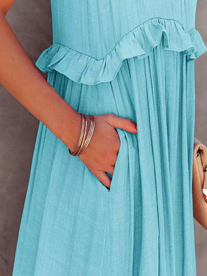 Natural Ruffled Sleeveless Maxi Dress with Pockets