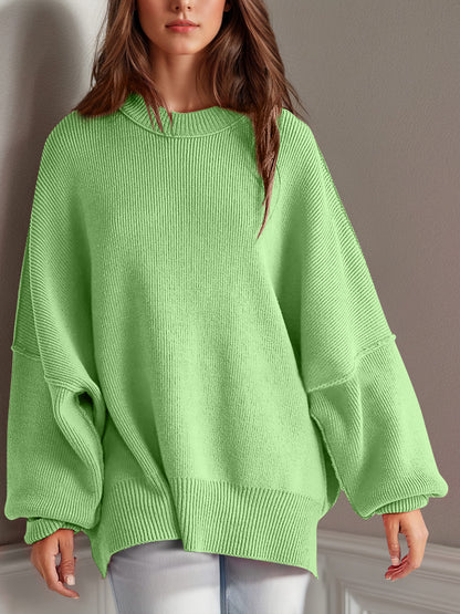 Oversize fitted Double Take Side Slit Round Neck Long Sleeve Sweater