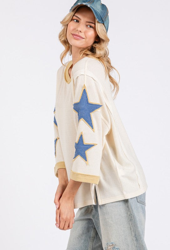 SAGE + FIG Star Patch Side Slit Round Neck Top