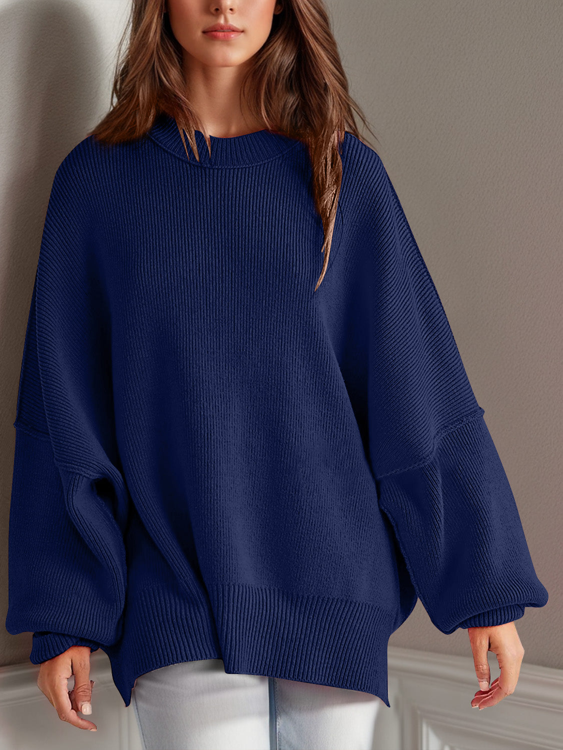 Oversize fitted Double Take Side Slit Round Neck Long Sleeve Sweater