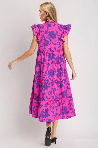 Magenta Pink  Ruffled Printed Notched Cap Sleeve Midi Dress