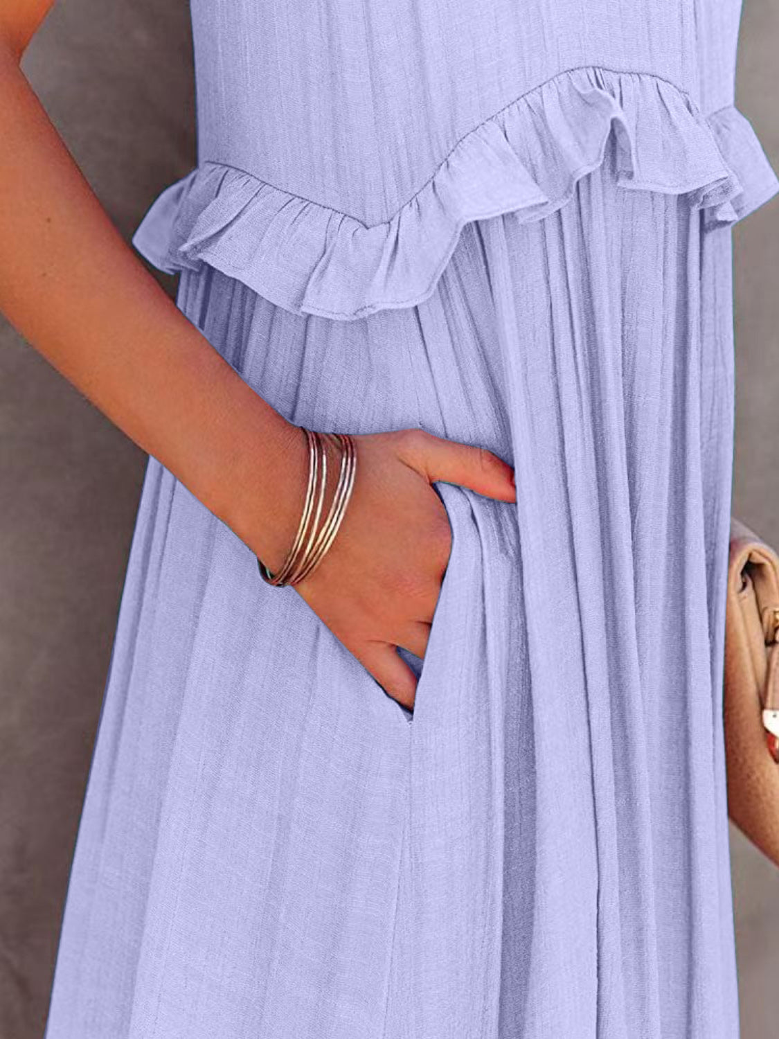 Natural Ruffled Sleeveless Maxi Dress with Pockets
