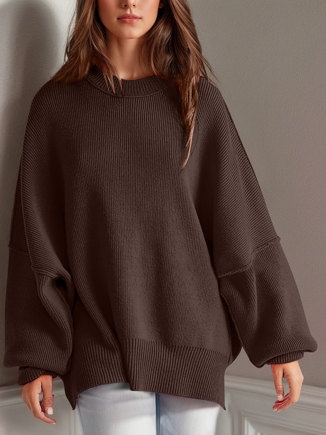 Oversize fitted Double Take Side Slit Round Neck Long Sleeve Sweater