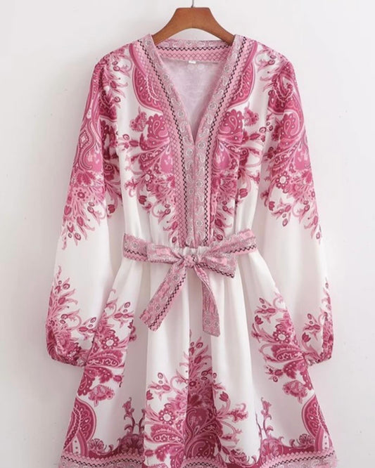 Pink Paisley Printed Long Sleeve V Neck Belted Dress
