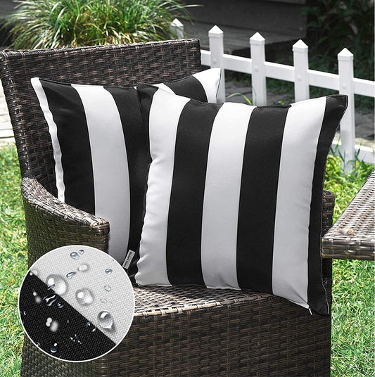 Western Home Pack of 2 Decorative Outdoor Solid Waterproof Striped Throw Pillow Covers Polyester Linen Garden Farmhouse Cushion Cases for Patio Tent Balcony Couch Sofa 18X18 Inch Black