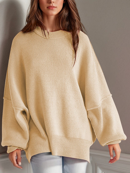 Oversize fitted Double Take Side Slit Round Neck Long Sleeve Sweater