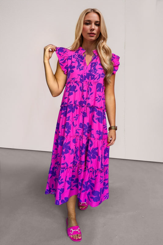 Magenta Pink  Ruffled Printed Notched Cap Sleeve Midi Dress