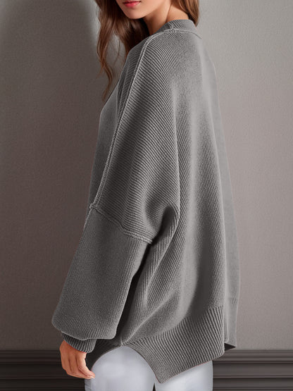 Oversize fitted Double Take Side Slit Round Neck Long Sleeve Sweater