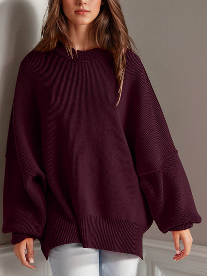 Oversize fitted Double Take Side Slit Round Neck Long Sleeve Sweater