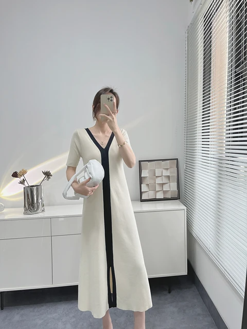Black and White Elegant Short Sleeve Summer Knitted Dresses Slit Maxi Dress  Black White Long Knitted Dresses 