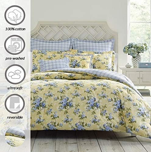 Laura Ashley Brand- Queen, King Comforter Set, Cotton Reversible Bedding, Includes Matching Shams with Bonus Euro Shams & Throw Pillows (Cassidy Yellow, King)