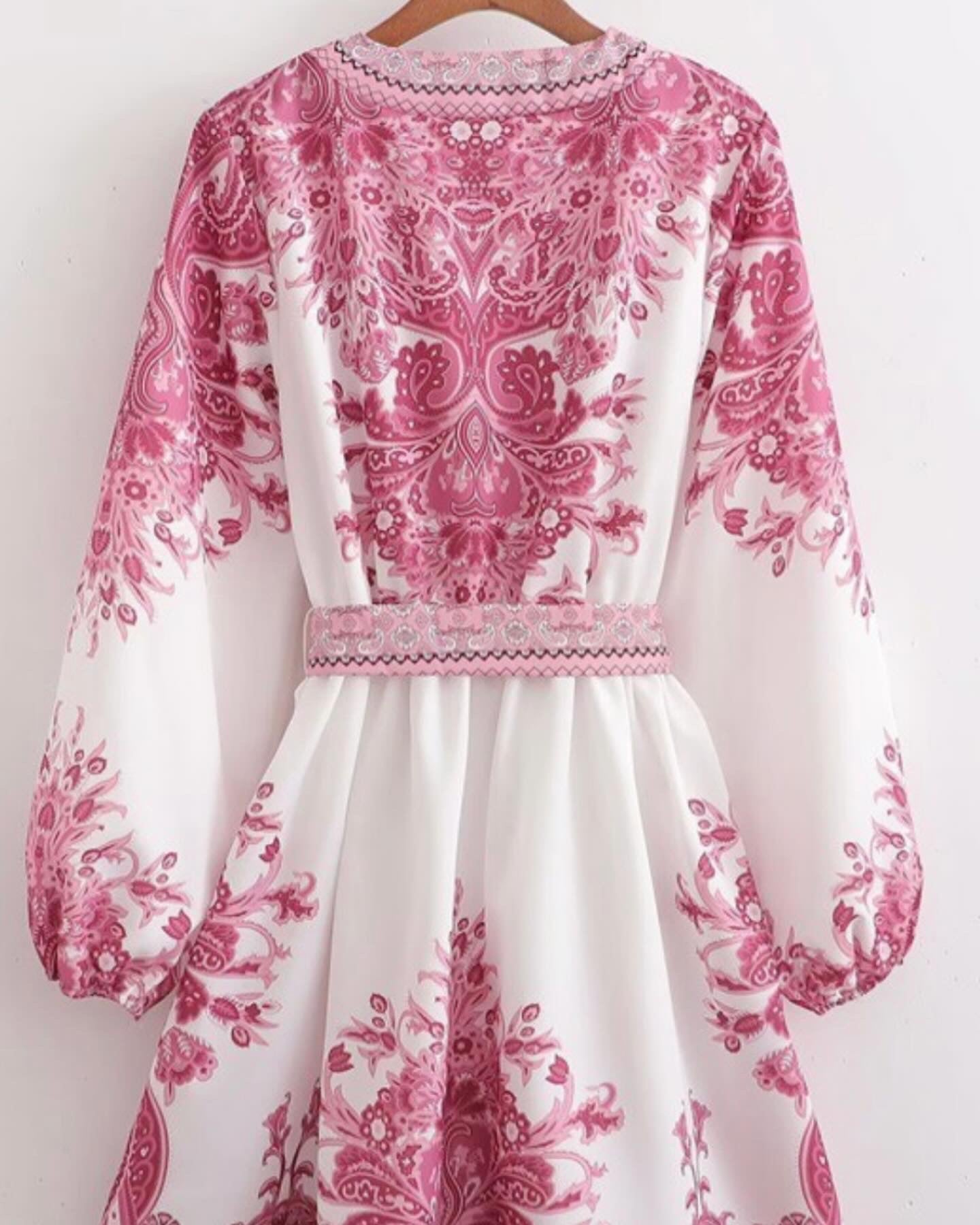 Pink Paisley Printed Long Sleeve V Neck Belted Dress