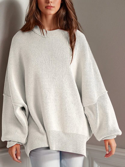 Oversize fitted Double Take Side Slit Round Neck Long Sleeve Sweater