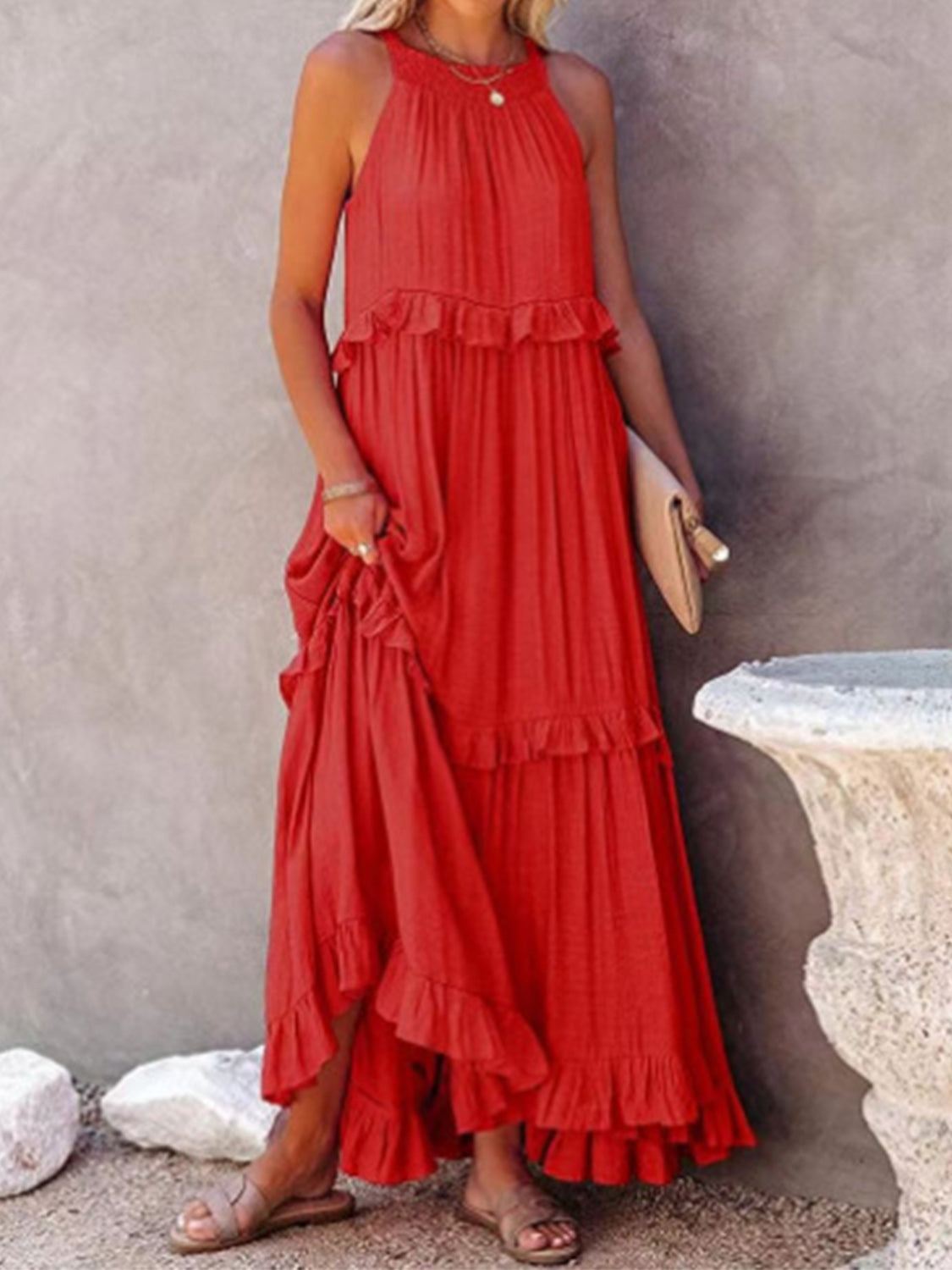 Natural Ruffled Sleeveless Maxi Dress with Pockets