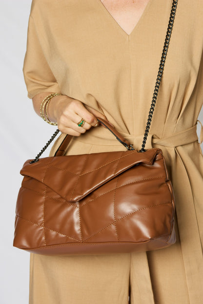 Brown Embossing Quilted PU Leather Chain Women Handbag