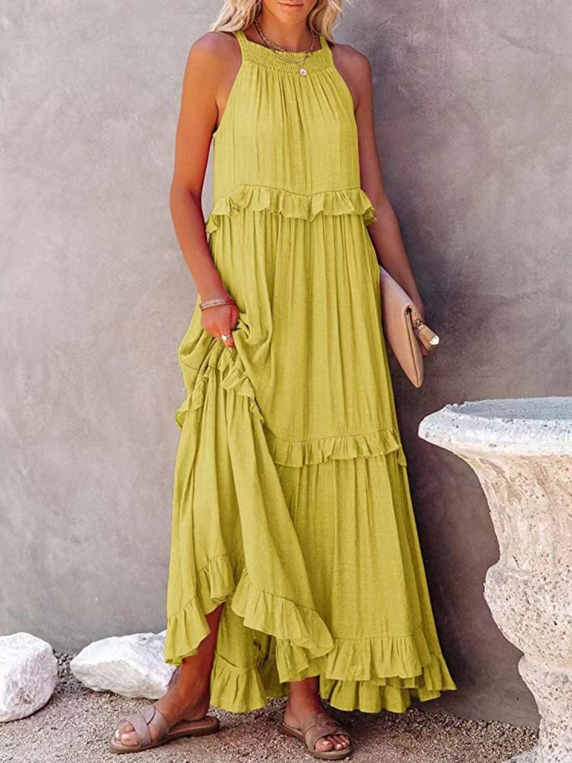 Natural Ruffled Sleeveless Maxi Dress with Pockets