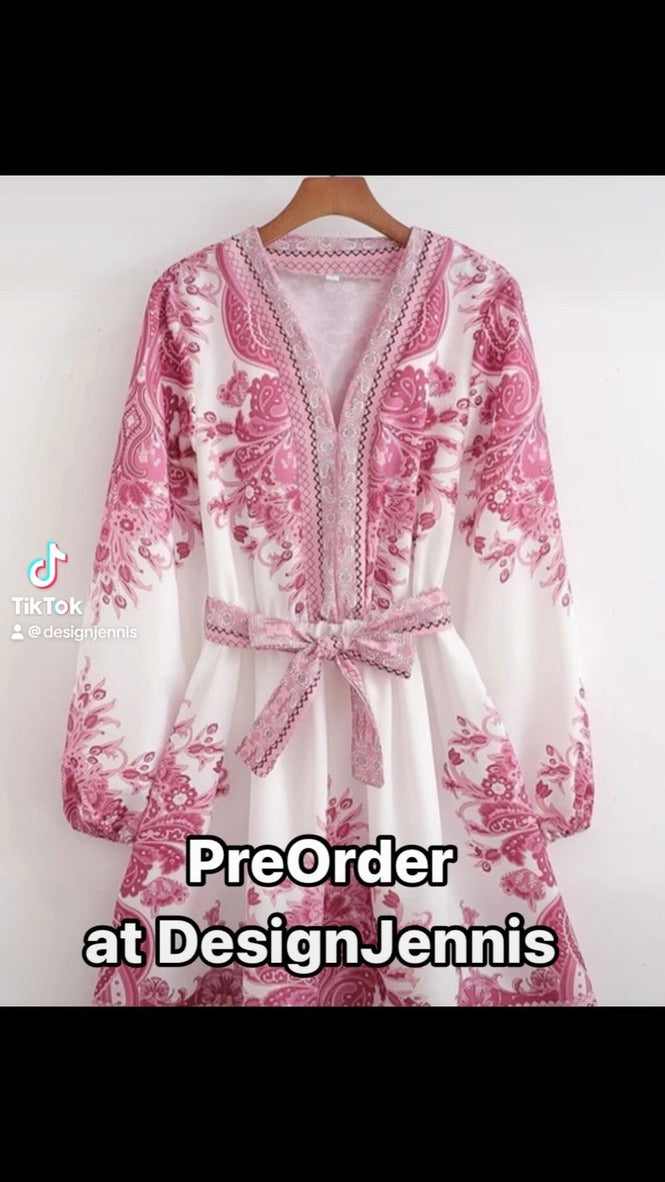 Pink Paisley Printed Long Sleeve V Neck Belted Dress