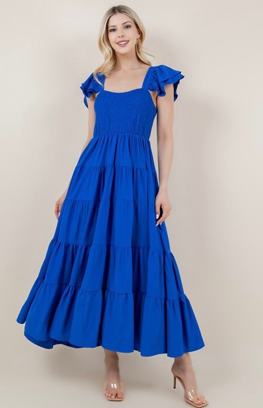 Women's Cobalt Blue Ruffle Sleeve Midi Summer Dress