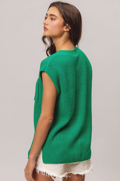 Deep Green Cable Patch Pocket Cap Sleeve Sweater Top
