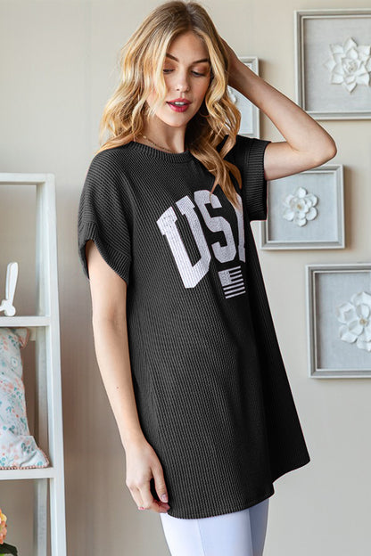 Full Size USA Graphic Short Sleeve Ribbed Top