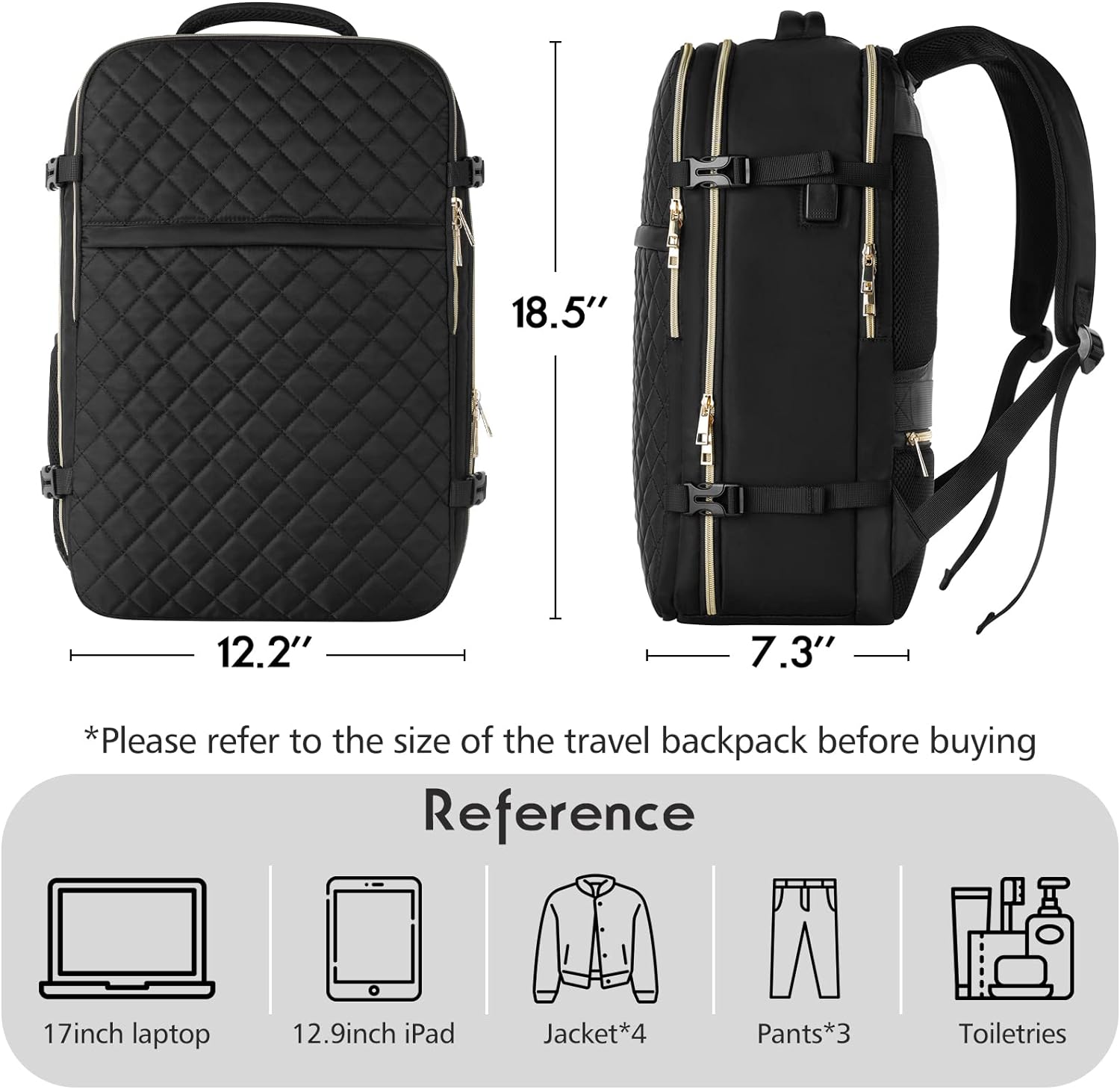 Big Size Travel Backpack Women, Flight Approved Carry on Backpack, Water Resistant Anti-Theft Casual Daypack School Bag Fit 17 Inch Laptop with USB Charging Port, Black