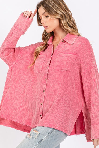 FIG Frayed Hem Side Slit Button Down Shirt