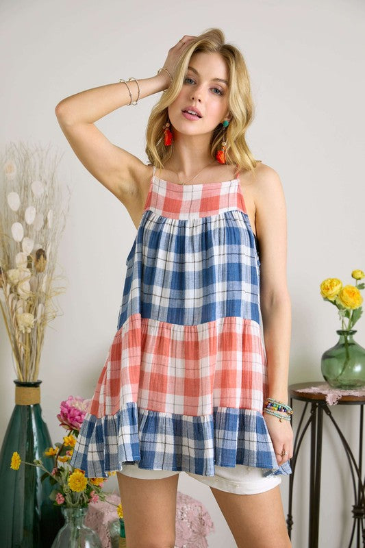 ADORA Plaid Tiered Babydoll Cami