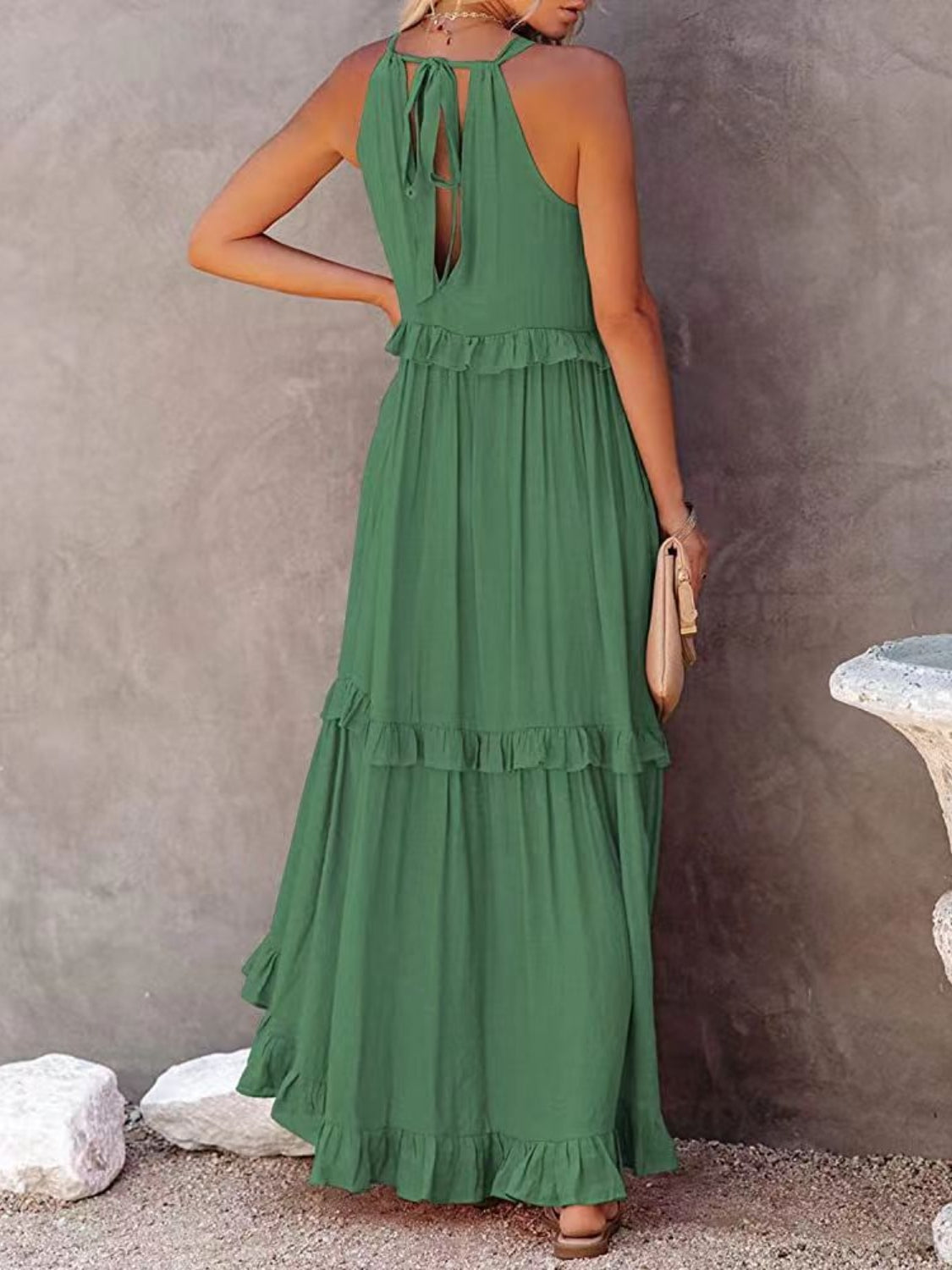 Natural Ruffled Sleeveless Maxi Dress with Pockets