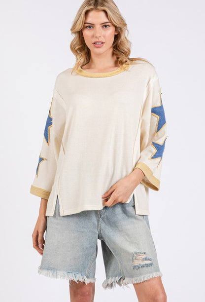 SAGE + FIG Star Patch Side Slit Round Neck Top