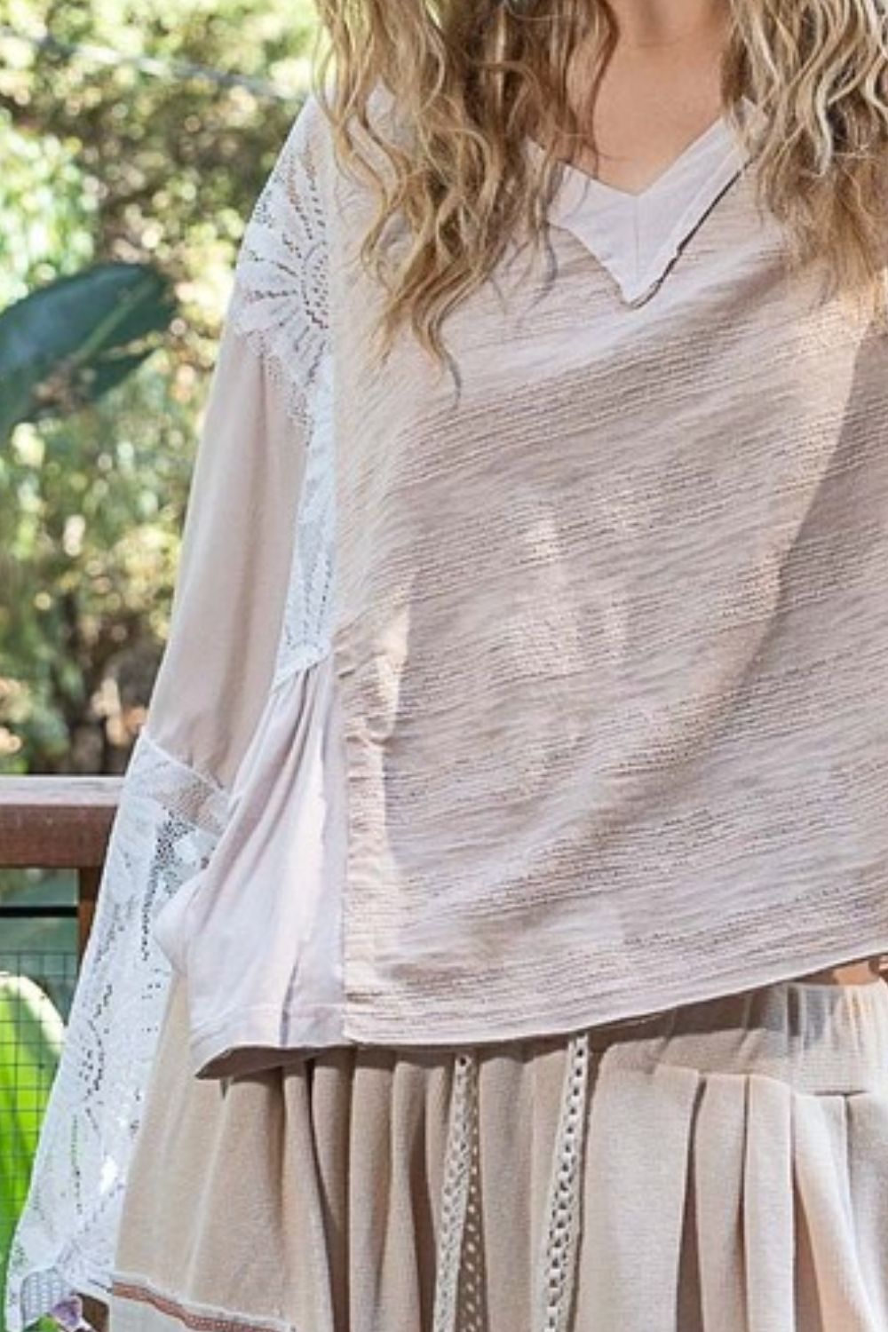 POL Lace Detail V-Neck Flare Sleeve Blouse